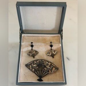 Vintage Art Deco Sterling Silver Fan & Earring Set Shou Symbol in Original Box